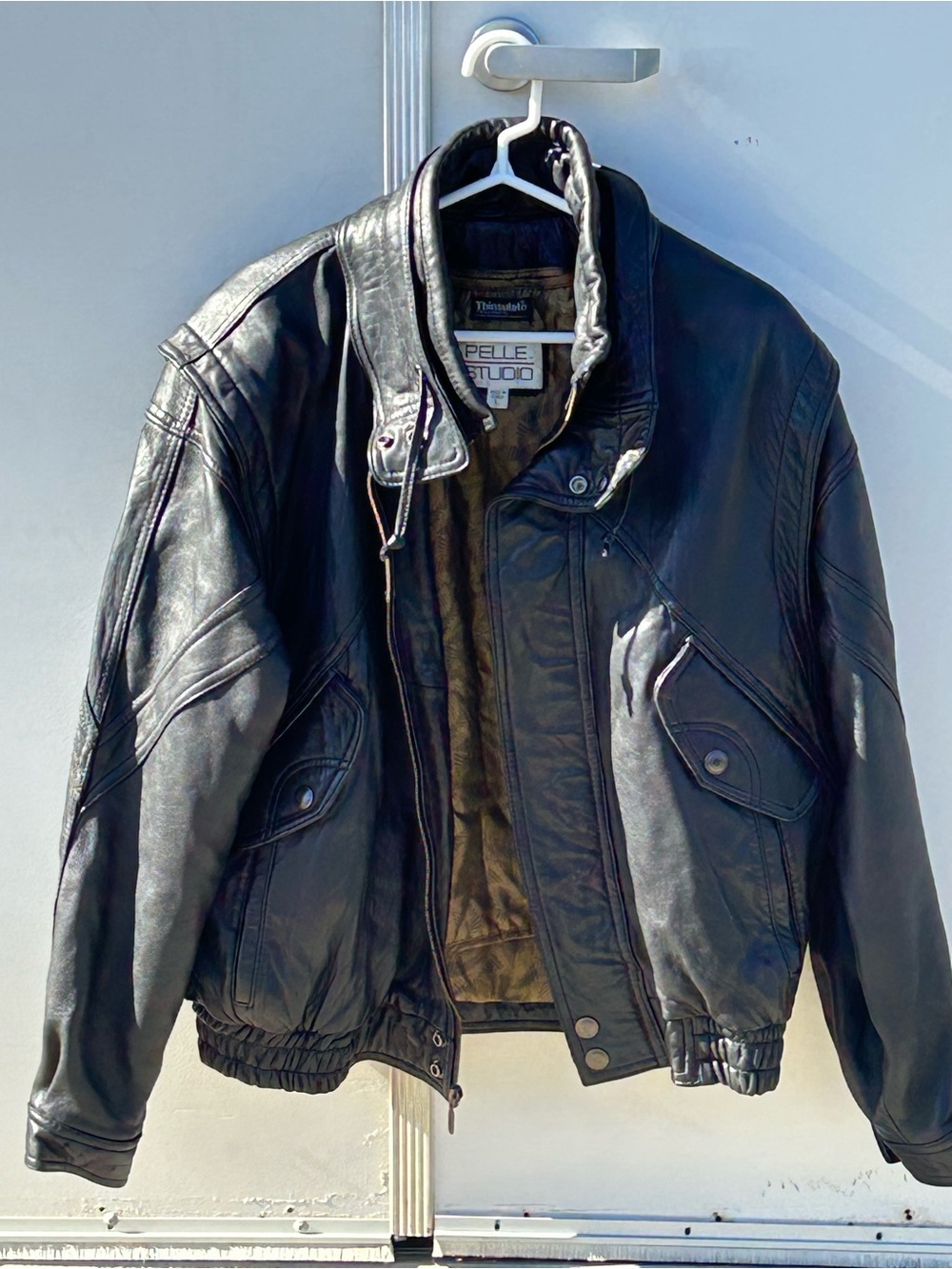 Vintage Pelle Studio Black GENUINE LEATHER Bomber Jacket with Buckle Collar